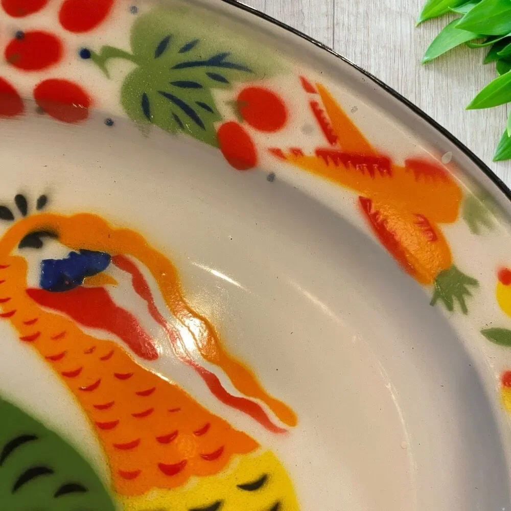 Vintage Large Enamelware Turkey Oval Platter Hand Painted Thanksgiving Decor 17.